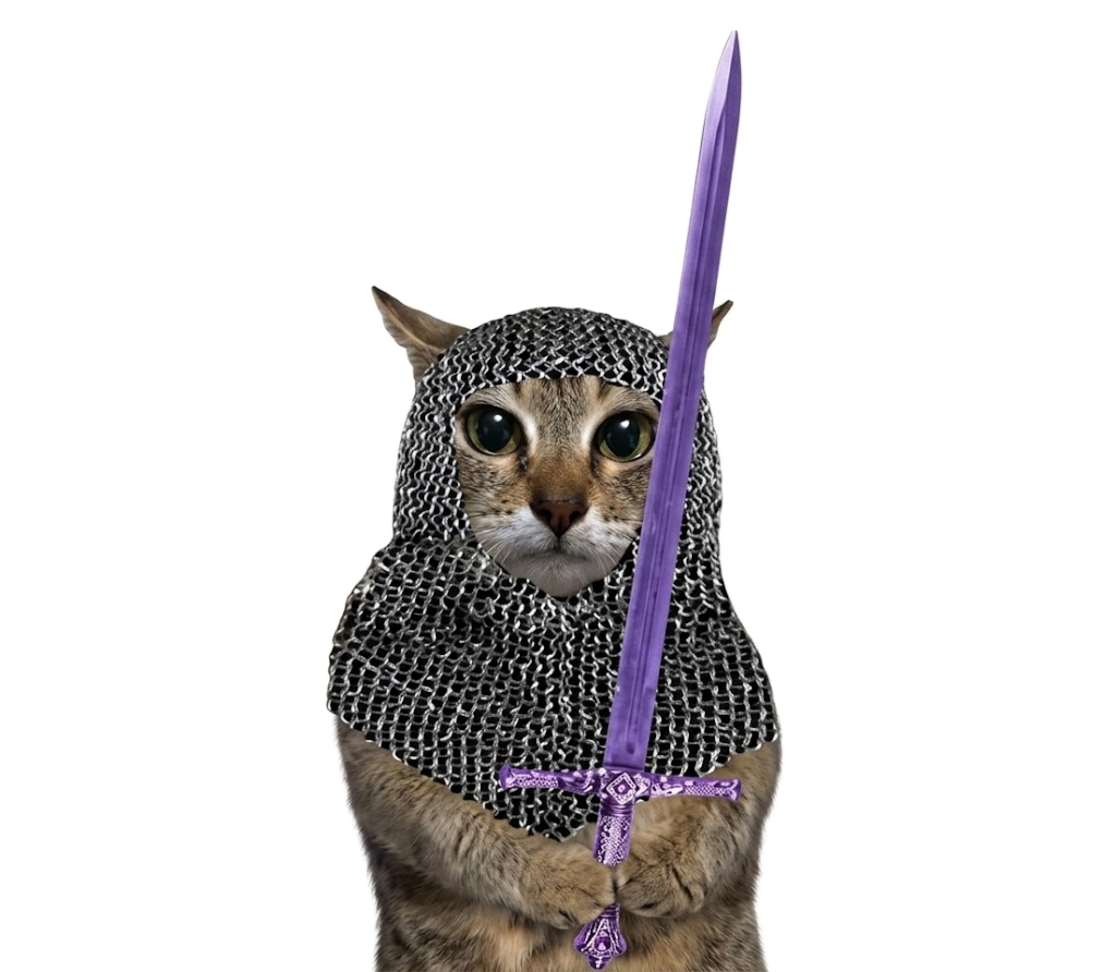 Knight cat in chainmail holding a purple sword